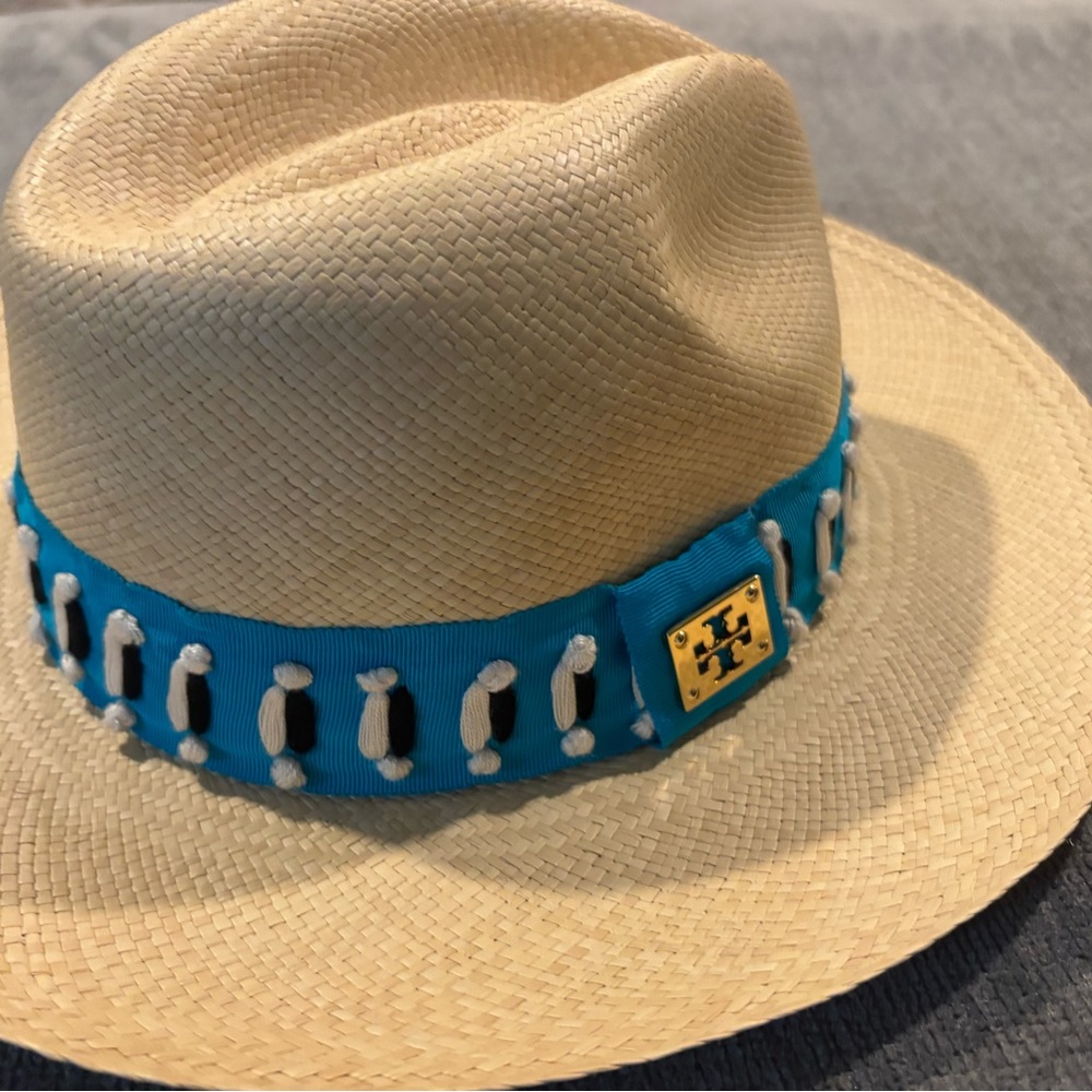 Tory Burch Natural Straw Panama Hat with Turquoise Ribbon and Gold Logo
